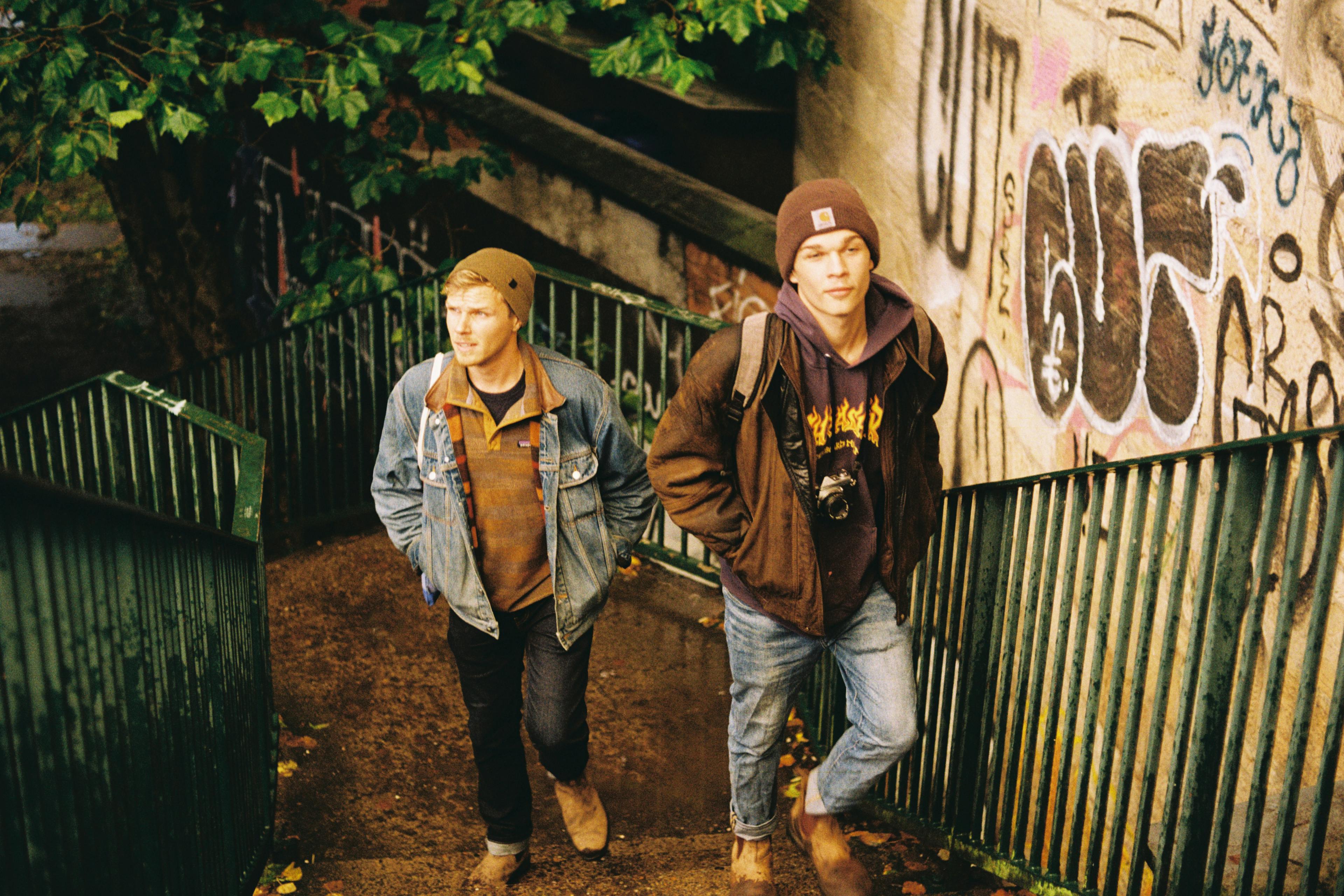 Allister and Jesse climbing a staircase