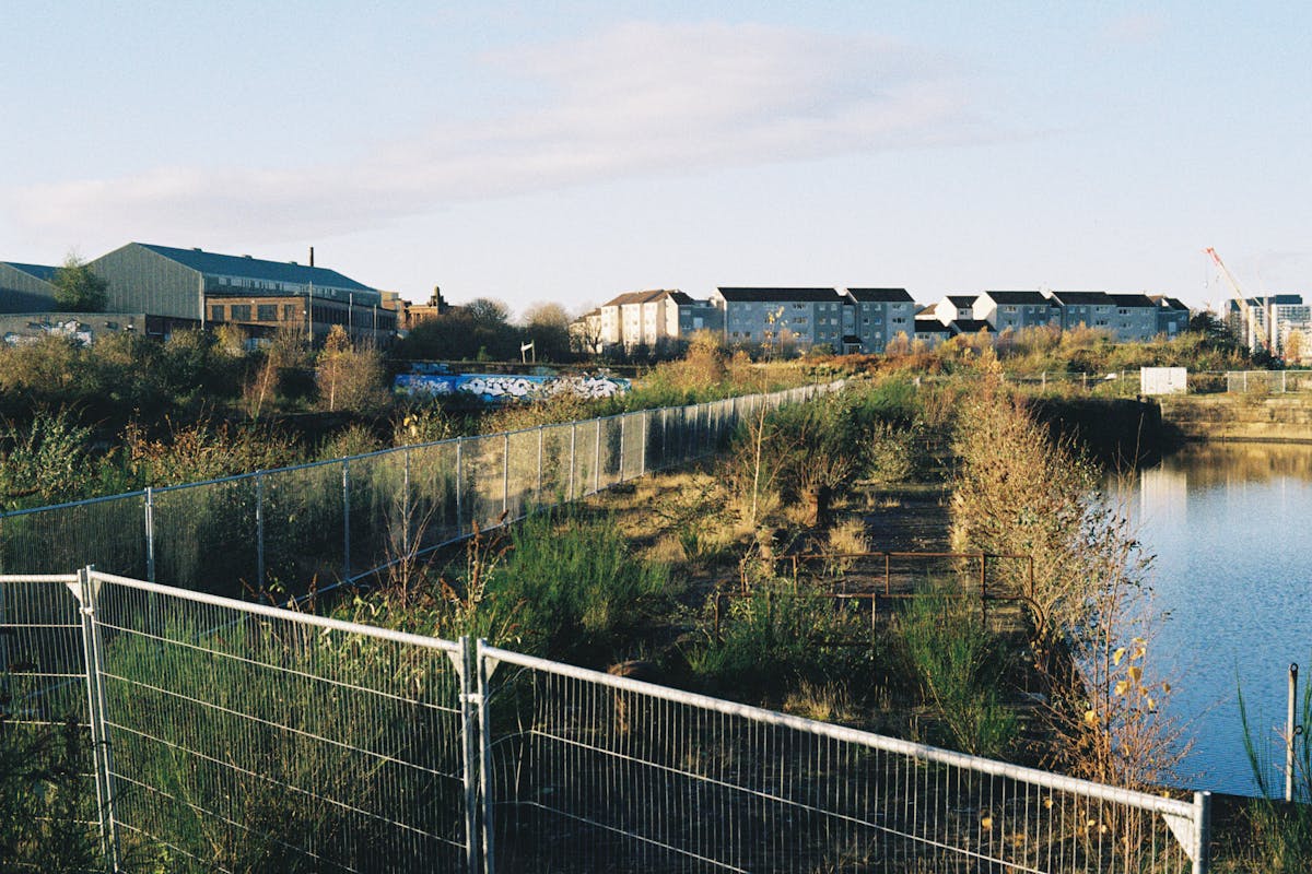 A fence barricading an overgrown pier