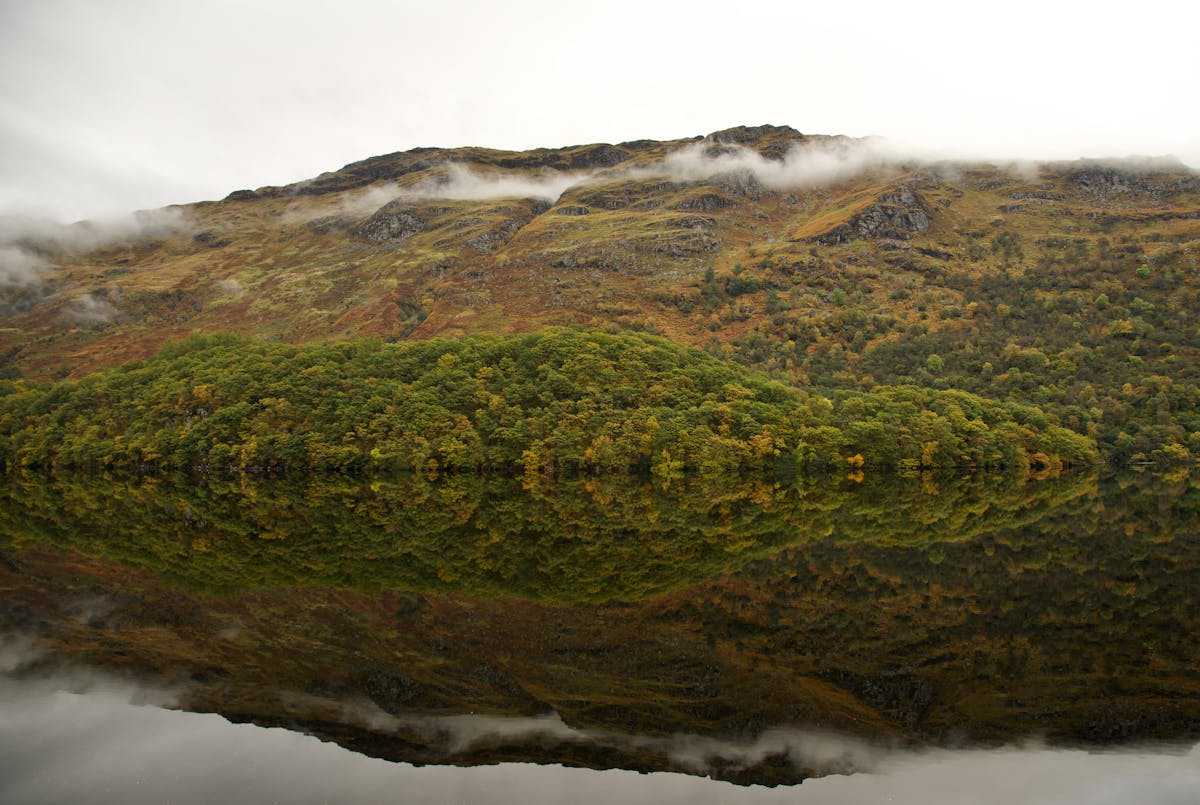 A cloudy, autumnal tree-covered landscape reflecting in the still waters of Loch Lomond