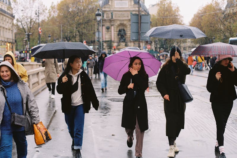 A row of pedestrians under umbrellas. One of the umbrellas is pink.